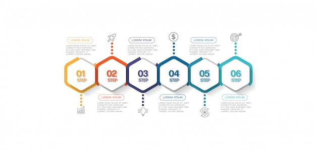 Infographic element met pictogrammen en 6 opties of stappen.