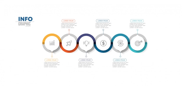 Infographic element met pictogrammen en 6 opties of stappen.