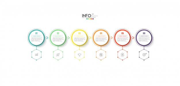 Infographic element met pictogrammen en 6 opties of stappen.