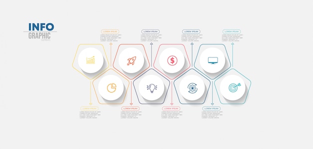 Infographic element met pictogrammen en 8 opties of stappen. kan worden gebruikt voor proces, presentatie, diagram, workflowindeling, infografiek, webontwerp.