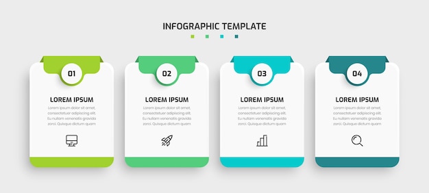 Modelli di elementi infografici con icone di etichette rettangolari e 4 numeri adatti per il diagramma di processo