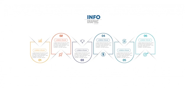 アイコンと6つのオプションまたは手順を持つインフォグラフィック要素。プロセス、プレゼンテーション、図、ワークフローレイアウト、情報グラフ、webデザインに使用できます。