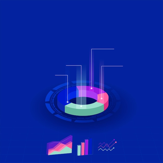 Vector infographic elements pie chart bar lines linear lines and comparison charts on blue background 3d style presentation