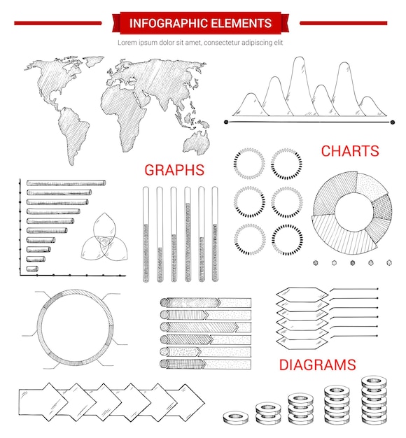スケッチされたチャート グラフを持つインフォ グラフィック要素