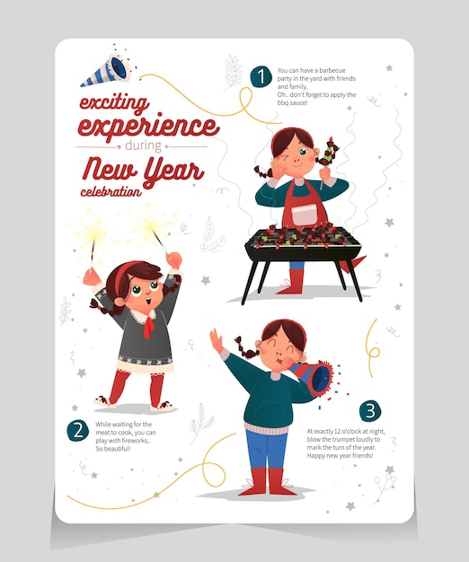 Infographic exciting experience during new year celebration with cute girl illustration