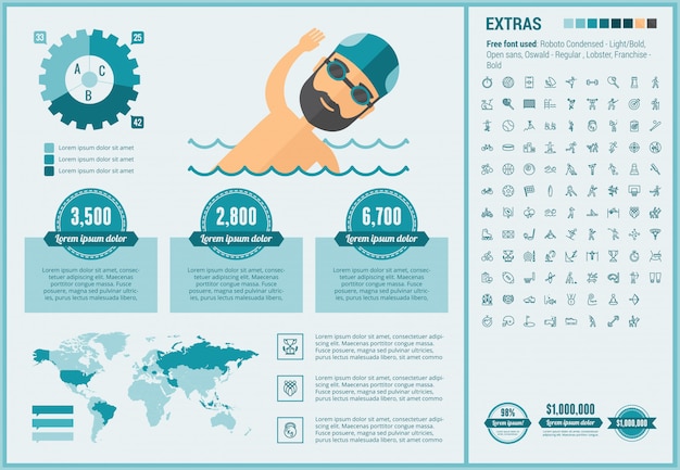 Vector infographic geplaatste het malplaatje en de pictogrammen van het sporten vlakke ontwerp