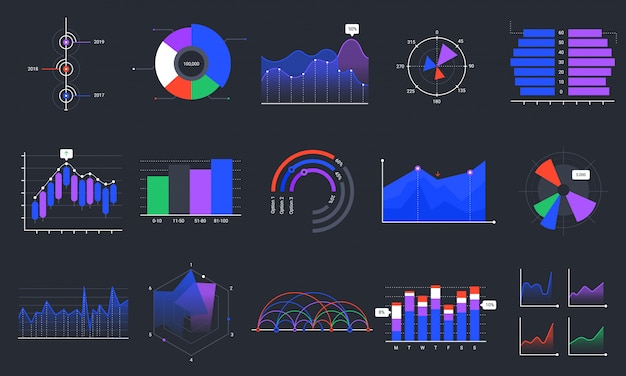 Infographic grafieken. kleurrijke gegevens grafieken, statistieken dashboard grafiek en analytische presentatie grafiekset. visualisatie van bedrijfsgegevens, marketing grafisch op zwarte achtergrond. verkoopanalyse