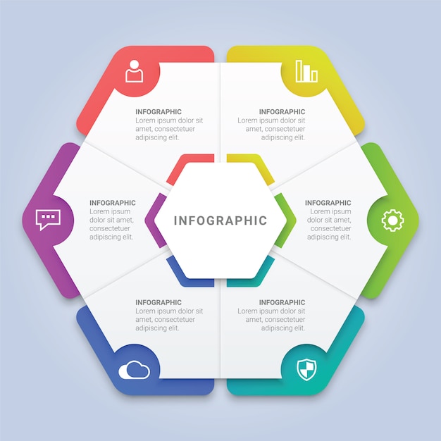 Modello di esagono infografica con 6 opzioni per il layout del flusso di lavoro, diagramma, relazione annuale, web design