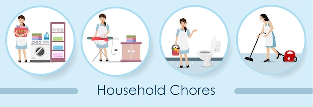 Infographic of housekeeping woman doing household chores domestic housework cleaning service