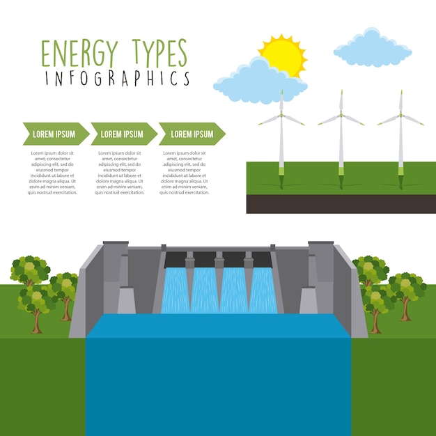 벡터 인포 그래픽 하이드로 댐 터빈 바람 태양