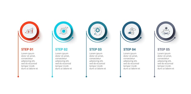 5단계 또는 옵션이 있는 인포그래픽 일러스트레이션. 흰색 원이 있는 얇은 컬러 라인.