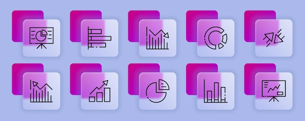 Infographic instellen pictogram Statistieken grafiek diagram document versnelling vergrootglas klembord website-instellingen Analytics concept Glassmorphism Vector lijn stijlicoon voor Business en reclame