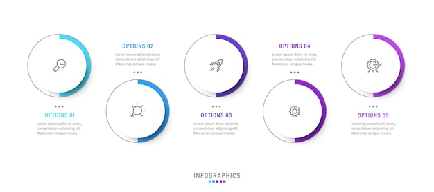 5 가지 옵션 또는 단계가있는 Infographic 라벨 디자인 템플릿.