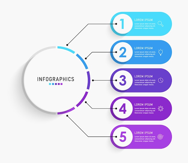 Modello di etichetta infografica con icone e opzioni o passaggi.