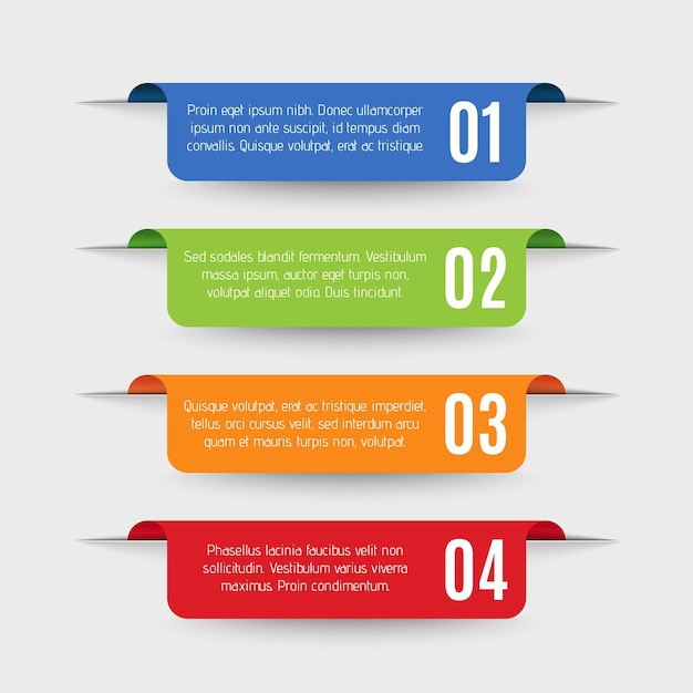 Инфографические этикетки ленты с текстом и вариантами шаблон векторных цветных наклеек в реалистичном стиле синие зеленые оранжевые красные реалистичные элементы диаграммы