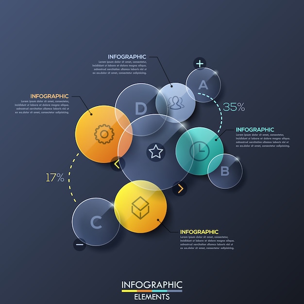 별도의 원형 투명 요소가있는 Infographic 레이아웃