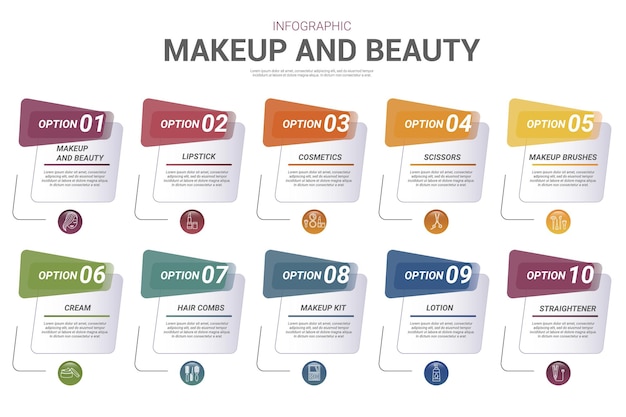 Инфографические иконки шаблонов макияжа и красоты разных цветов включают косметику для макияжа и красоты, губную помаду, ножницы и другие