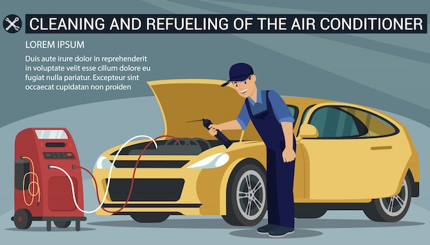 L'operaio dell'uomo di infographic pulisce l'automobile gialla del condizionatore d'aria