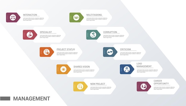 Infographic management template icons in different colors include lead management criticism