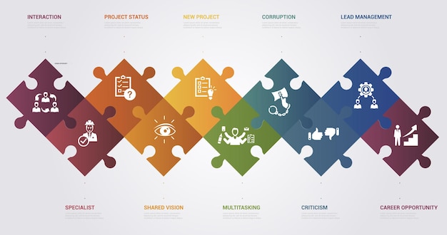 Vector infographic management template icons in different colors include lead management criticism