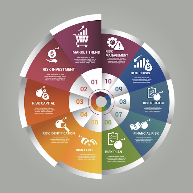 Infographic Management template Icons in different colors Include Market Trend Investment Risk Capital Identification and others