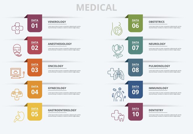 Vector infographic medical template icons in different colors include venerology anesthesiology oncology