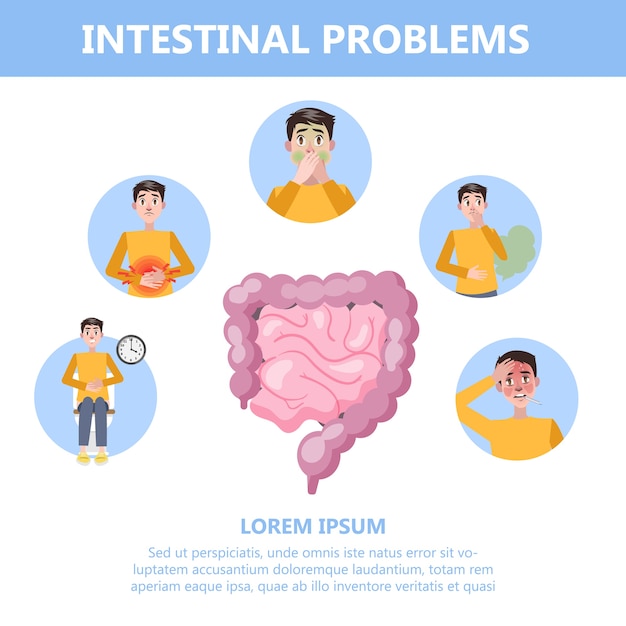 Infographic met darmproblemen. man met spijsvertering