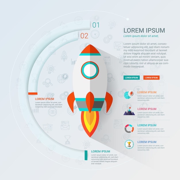 Infographic met rocketship en opstarten pictogram plat ontwerp