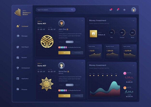 Vettore infografica nft dashboard uiux design con grafici grafici e diagrammi