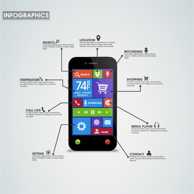 Вектор Инфографики мобильного телефона с различными приложениями
