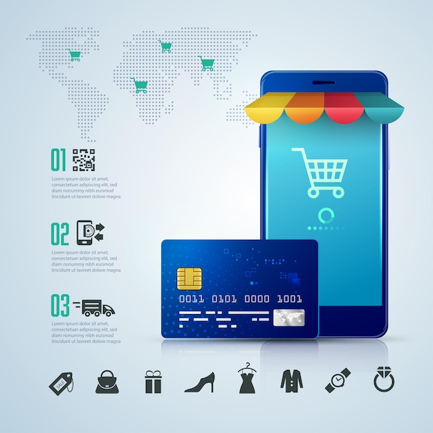 Vector infographic of online shopping or e-commerce, graphic of mobile phone and credit card