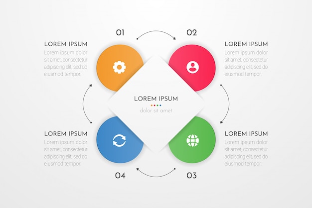 Infographic ontwerpelementen voor uw bedrijfsgegevens met vier cirkelopties, onderdelen, stappen, tijdlijnen of processen. .