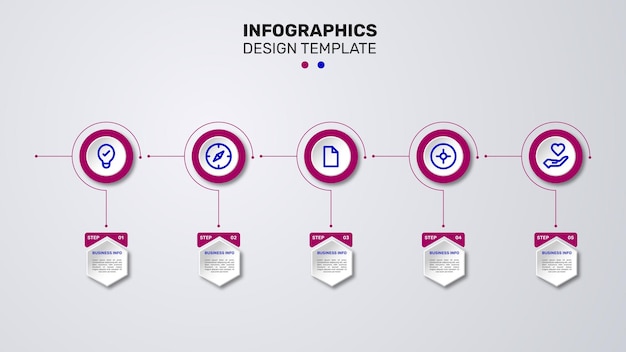 Vector infographic ontwerpsjabloonmissievisieideeproces en waarden van bedrijftijdlijnconcept met 5 stappen