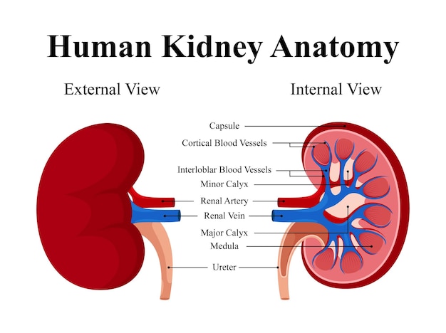 Vector infographic over de anatomie van de menselijke nier, externe en interne weergave