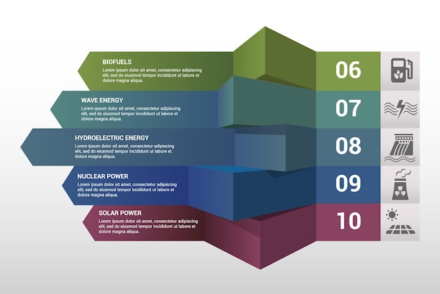 Infographic pictogrammen voor alternatieve energiesjablonen in verschillende kleuren omvatten biomassa voor getijdenenergie