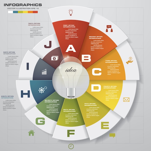 Infographic pie chart circle template with 10 options.