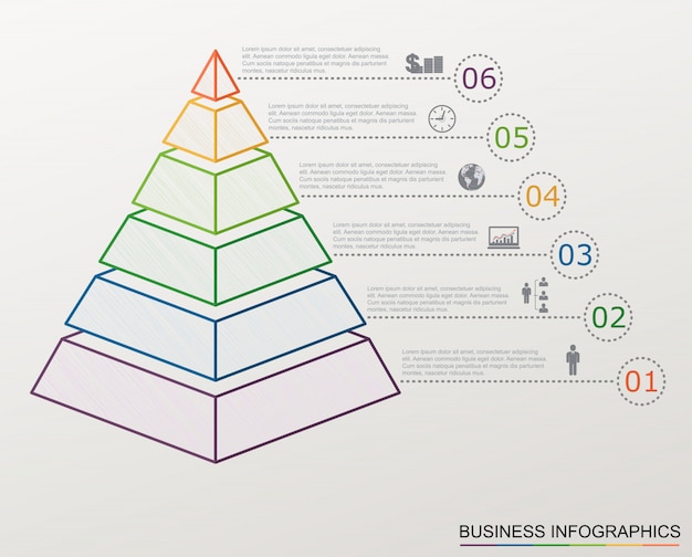 Infographic piramide met cijfers en zakelijke pictogrammen, lijnstijl,