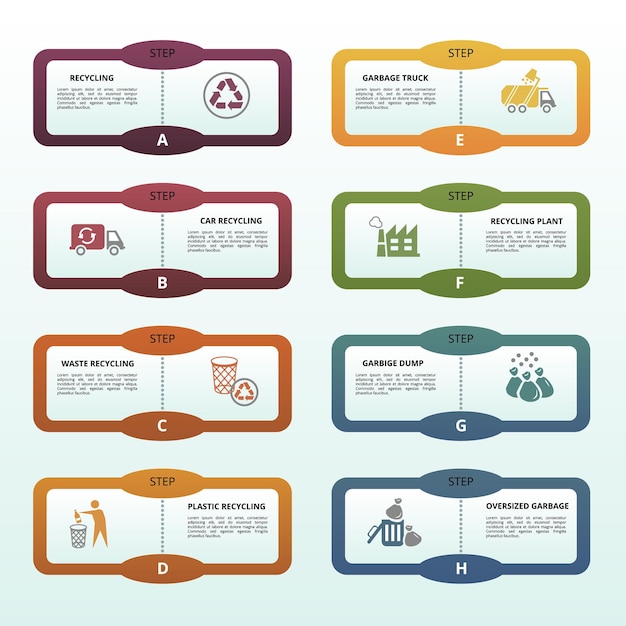 Infographic recycling sjabloon pictogrammen in verschillende kleuren