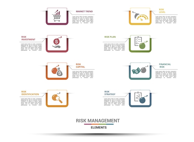 Infographic Risk Management template Icons in different colors Include Market Trend Investment Risk Capital Identification and others