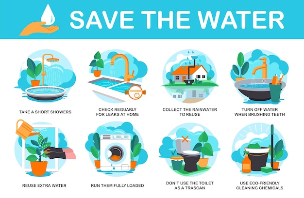 Vector the infographic save the water there are eight icons depicting ways to save water