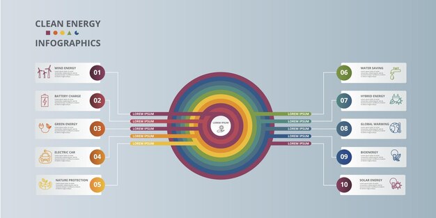 Infographic schone energie sjabloon pictogrammen in verschillende kleuren omvatten windenergie batterijlading groen