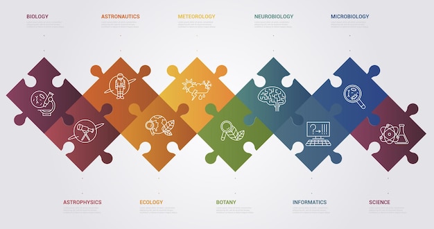 Infographic science template icons in different colors include science microbiology informatics
