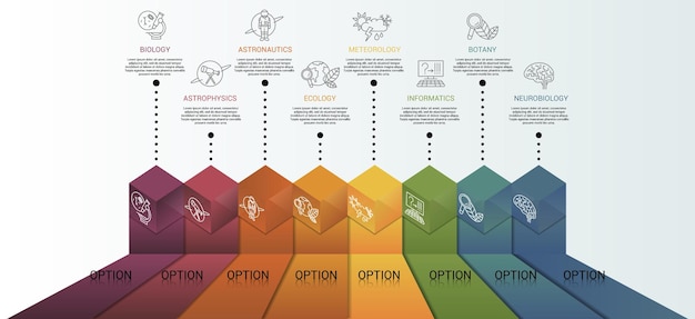 Icone del modello di scienza infografica in diversi colori