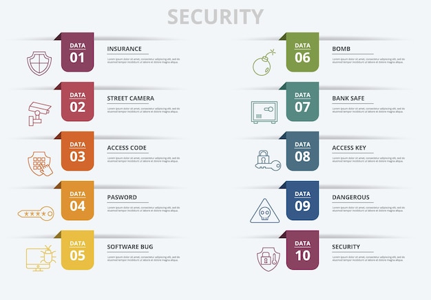 さまざまな色のインフォ グラフィック セキュリティ テンプレート アイコンには、セキュリティ アクセス キー バンクの安全な爆弾が含まれます