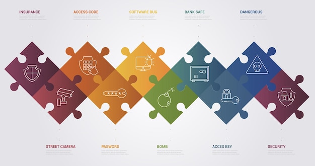 Vector infographic security template icons in different colors include security access key bank safe bomb