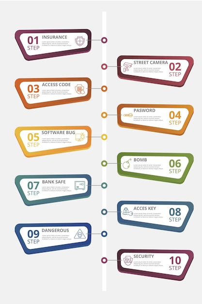 Infographic security template icons in different colors include security access key bank safe bomb