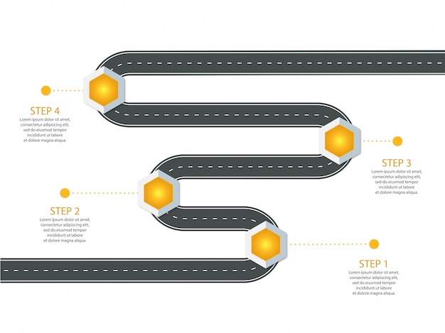 Vector infographic sjabloon. bochtige asfaltweg met originele pinpointers.