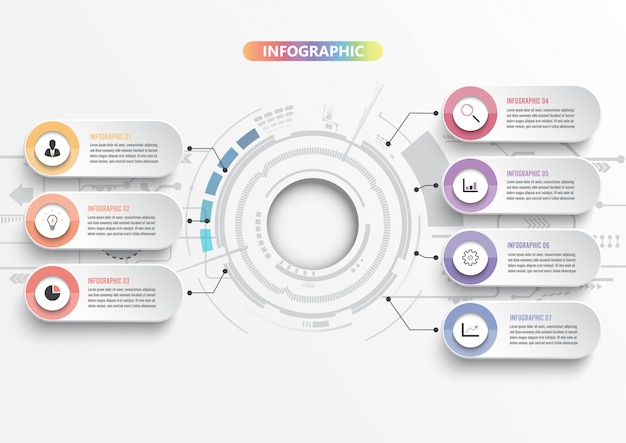 Infographic sjabloon met 3d-papier, geïntegreerde cirkels. bedrijfsconcept met 7 opties. voor inhoud, diagram, stroomdiagram, stappen, onderdelen, tijdlijninfographics, workflow, grafiek.