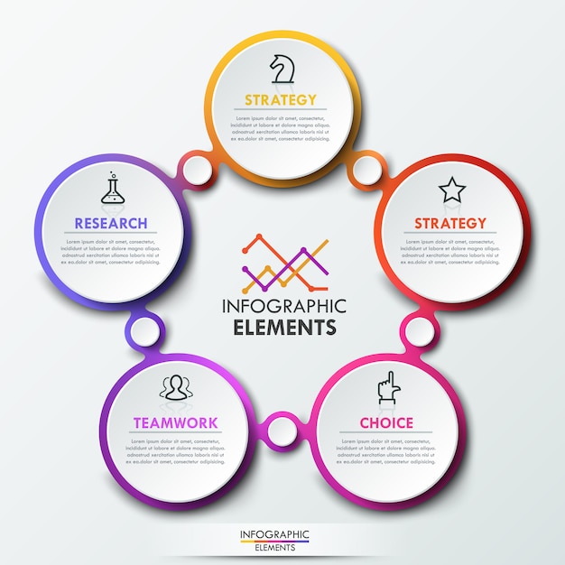 Infographic sjabloon met 5 verbonden cirkelvormige elementen