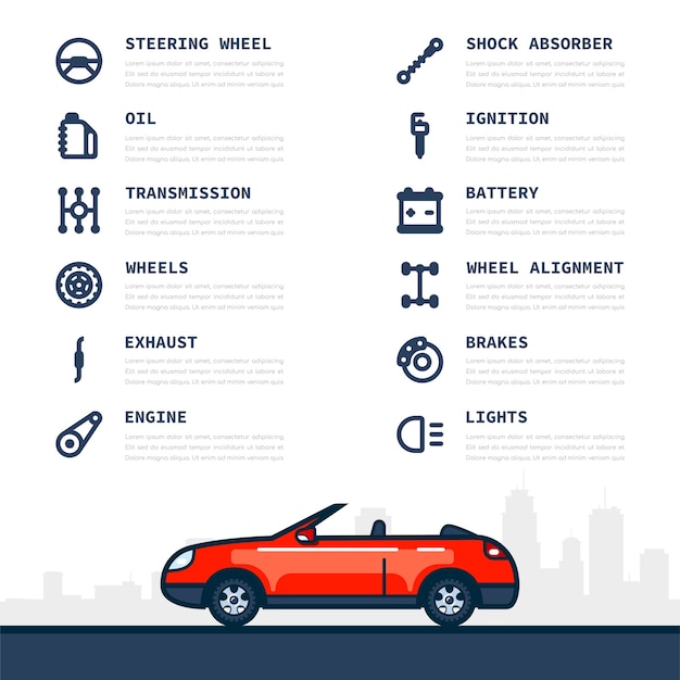 Infographic sjabloon met auto en auto-onderdelen pictogrammen